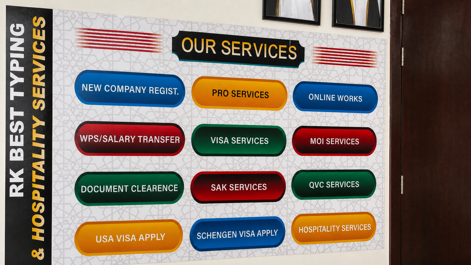 R K Best office service board for typing, PRO, visa and hospitality support in Doha